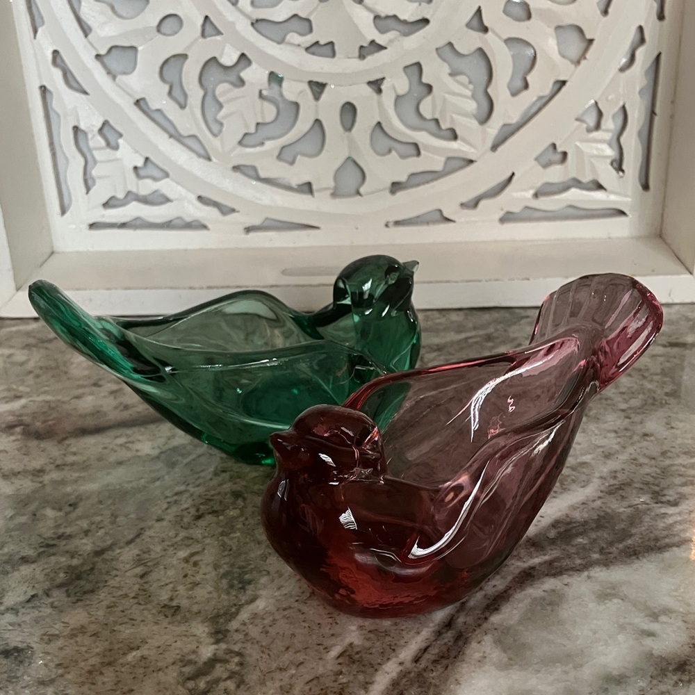 Vintage Fenton Art Glass Green & Red Glass Bird Figurines/Tea Light Holders 2 pc - Picture 6 of 11